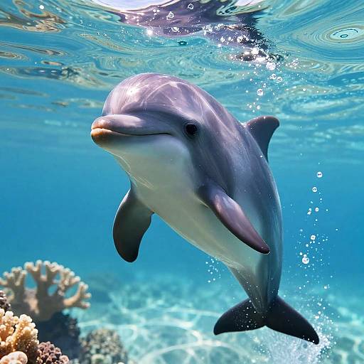 Photograph of a sleek, grey and white dolphin swimming underwater, with sunlight filtering through the clear blue water, coral reefs in the background.