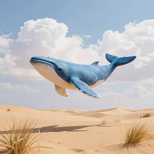 Photorealistic digital artwork of a large blue whale soaring above a sandy desert with tufts of grass and a bright blue sky.