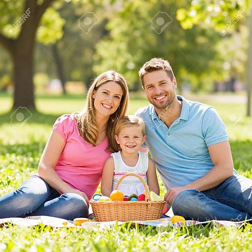 Photograph of a smiling Caucasian family: mother in pink shirt, father in blue shirt, and young daughter with basket of colorful fruits, sitting on grass
