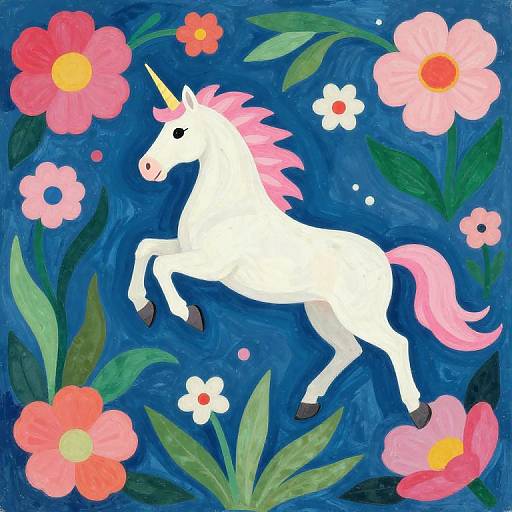 Whimsical painting of a white unicorn with pink mane and tail, leaping amidst colorful flowers and green leaves on a dark blue background.