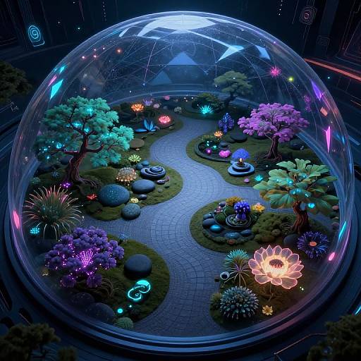 Digital art: Vibrant, glowing garden inside a transparent dome with neon flowers, colorful trees, and a winding stone path under a starry night sky