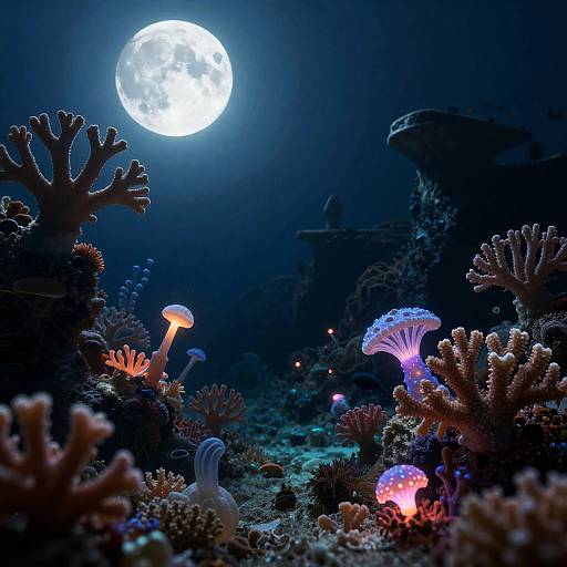 Beksiński-Style Moonlit Bioluminescent Coral Reef