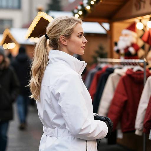 Festive Blonde Woman in Christmas Market