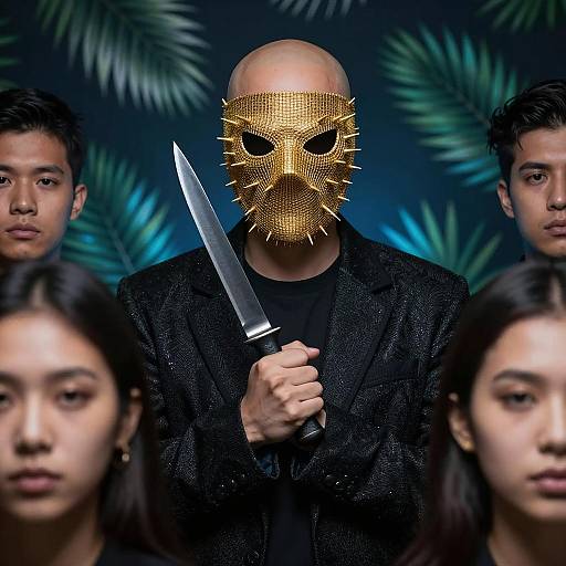 Man with Golden Spiky Mask Holding Knife