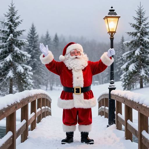 Triumphant Santa on Snowy Bridge