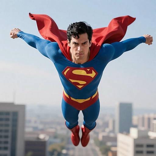 Male Superhero Flying Towards Camera