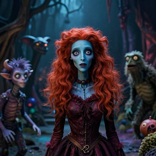 Digital artwork of a blue-skinned woman with vibrant red hair, wearing a dark maroon dress, surrounded by eerie, small goblin-like creatures in