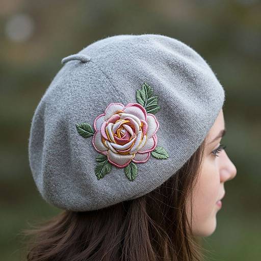 Photograph of a woman in profile wearing a gray wool beret with a colorful embroidered rose and green leaves on the side.