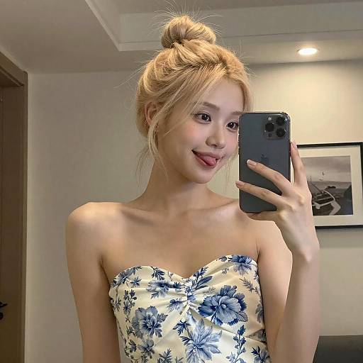 Young Woman Mirror Selfie in Floral Dress