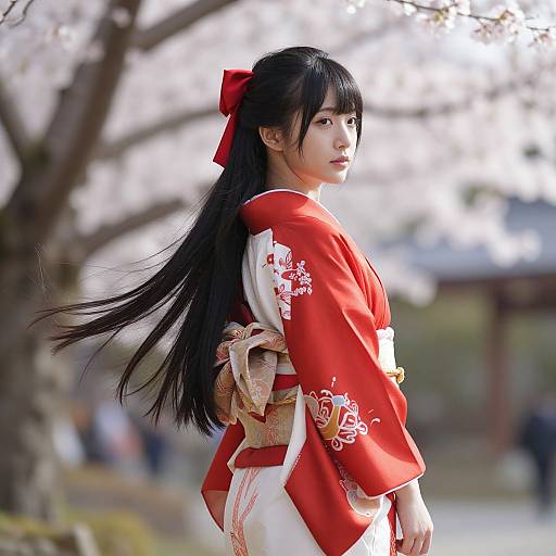 Elegant Asian Woman in Red Kimono Under Cherry Blossoms