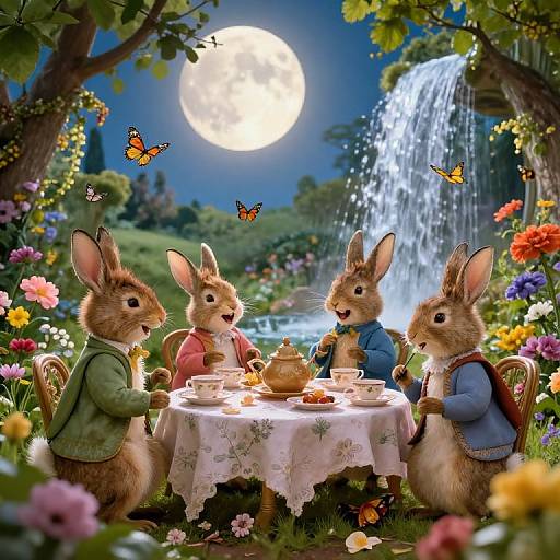 Whimsical illustration of four anthropomorphic rabbits in jackets and vests, having tea under a full moon, with a waterfall and butterflies. Floral garden setting