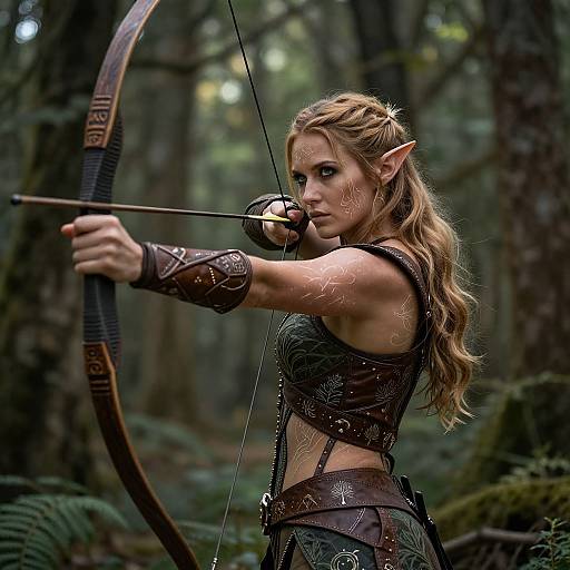 Photorealistic digital artwork of a blonde, elf-like archer with pointed ears, tattoos, and intricate armor in a dense, forested background.