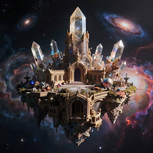 Digital artwork of a crystalline, Gothic-style castle with glowing crystals floating in a vibrant, starry, cosmic background.