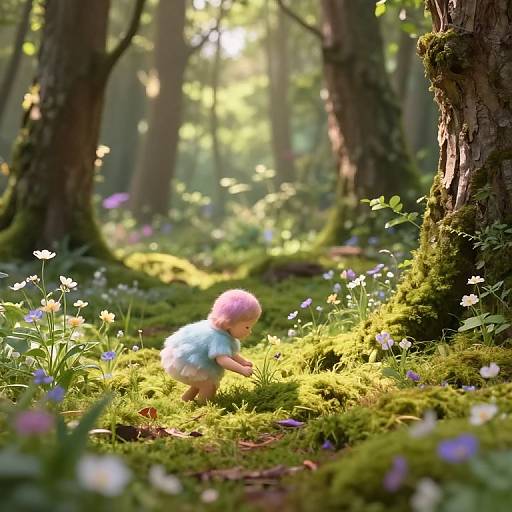 Photograph of a young child with pink hair, wearing a blue shirt, exploring a sunlit, mossy forest floor filled with white and purple flowers