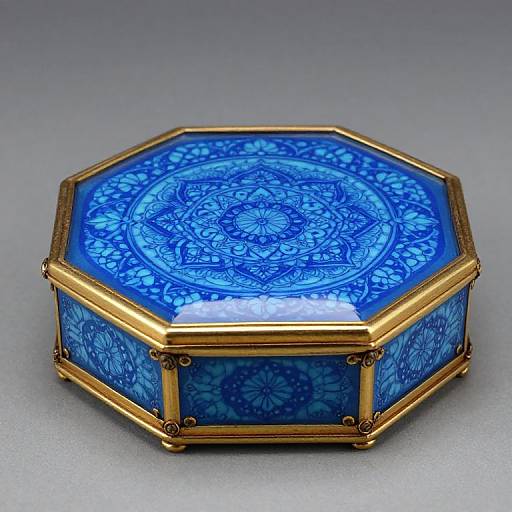 Photograph of a hexagonal, blue, intricately patterned glass box with gold metal corners, showcasing a glowing, circular floral design on the lid