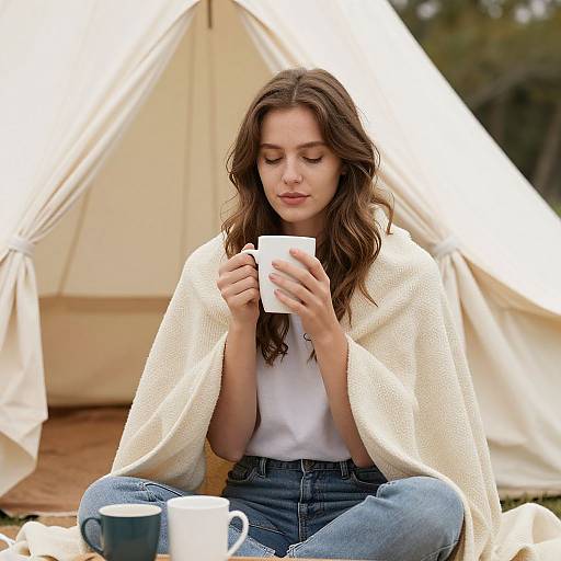 Photograph of a young woman with wavy brown hair, wearing a white sweater, denim jeans, and a cream blanket, sipping from a white