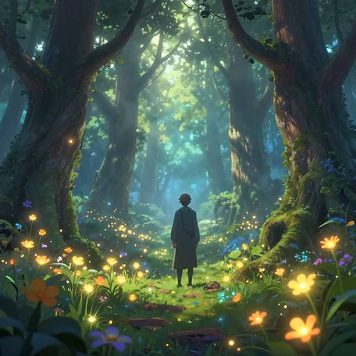 Mystical Forest Dawn with Glowing Flowers