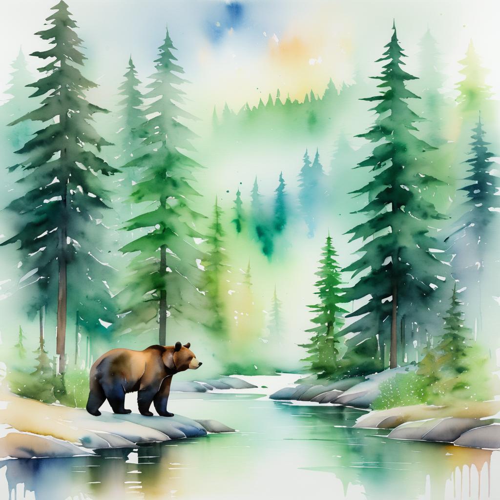 Dreamy Watercolor Bear in Tranquil Forest