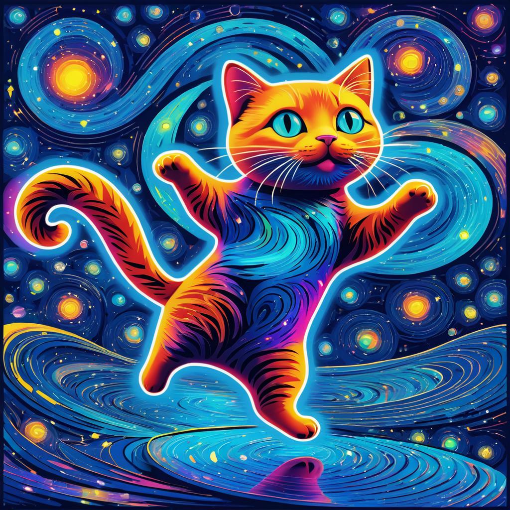 Whimsical Dancing Cat in Colorful Surrealism