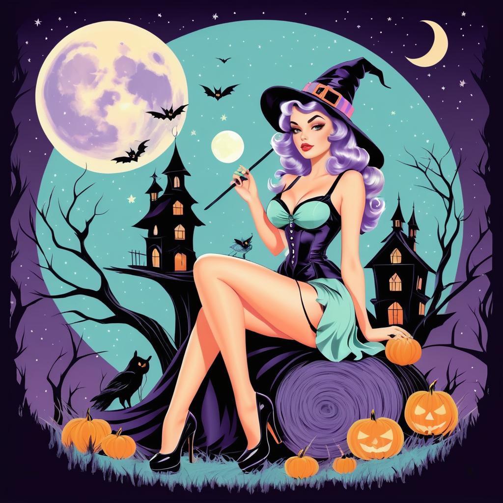 Charming Pin-Up Witch in Pastel Colors