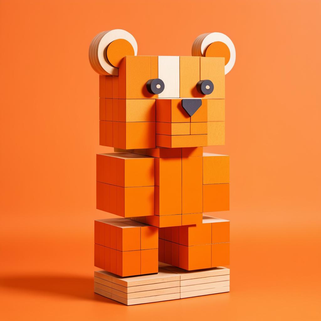 Wooden Block Bear on Vibrant Orange