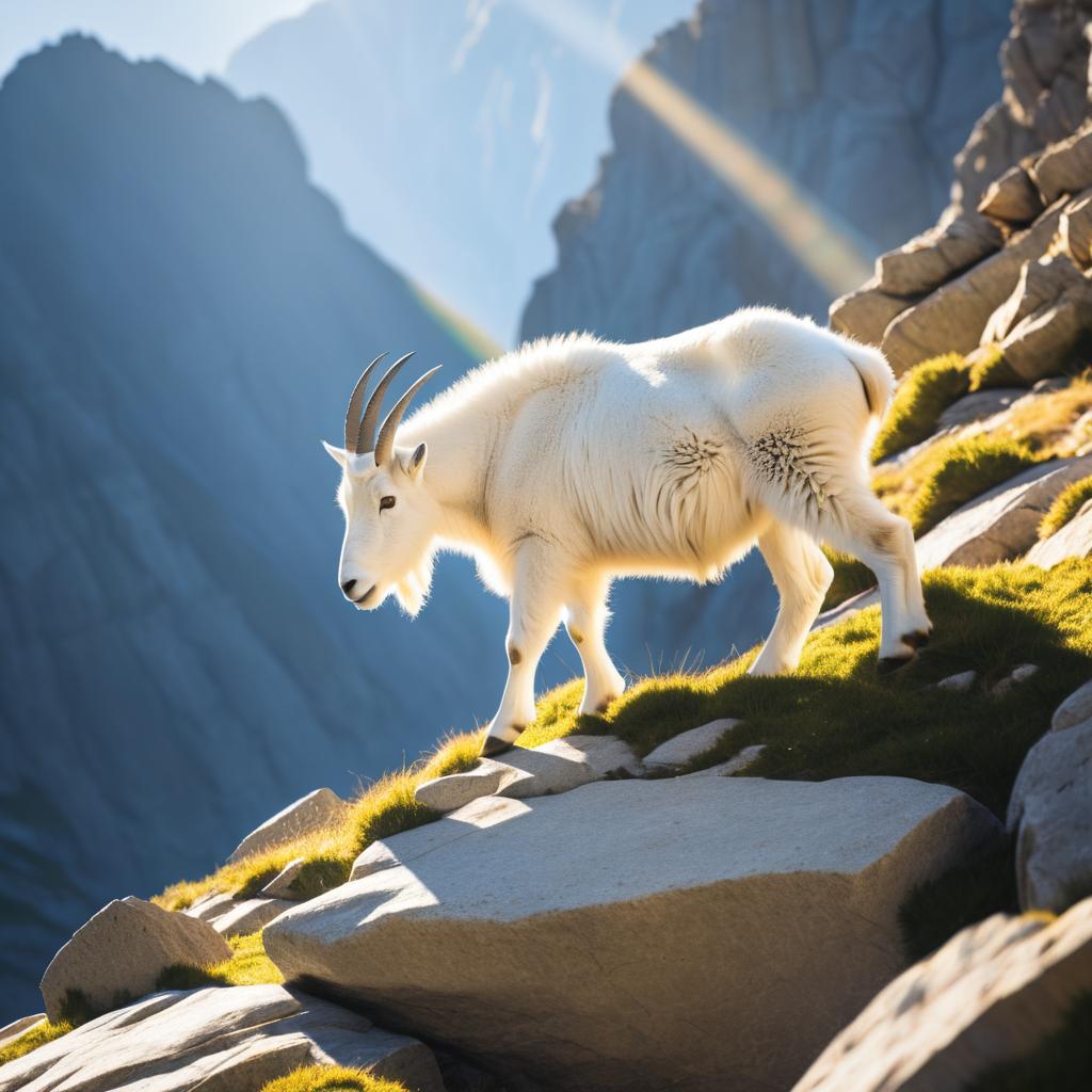 Mountain Goat Climbing Rocky Cliff in Sunlight