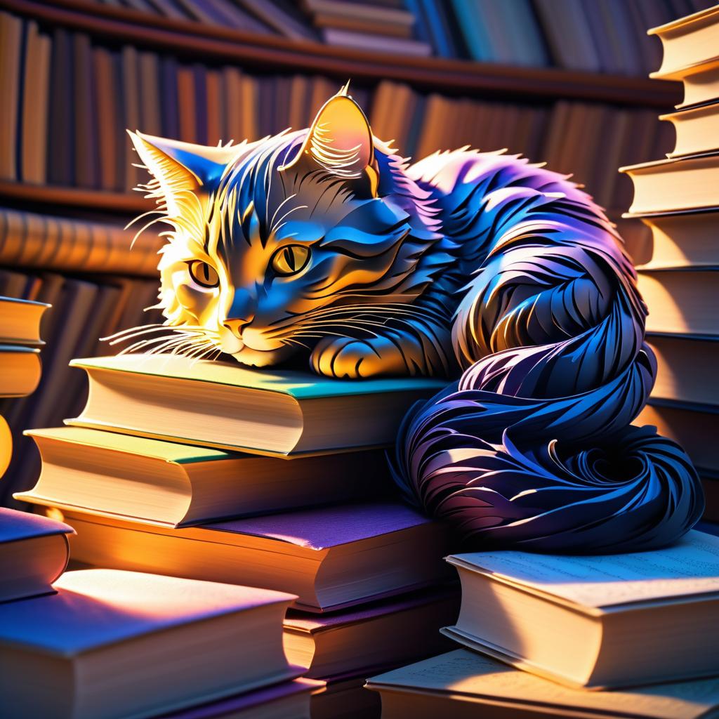 Whimsical Cat on Books at Golden Hour