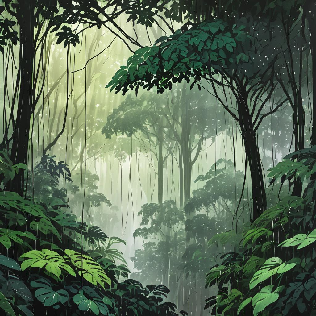 Misty Rainforest Canopy with Vines Sketch