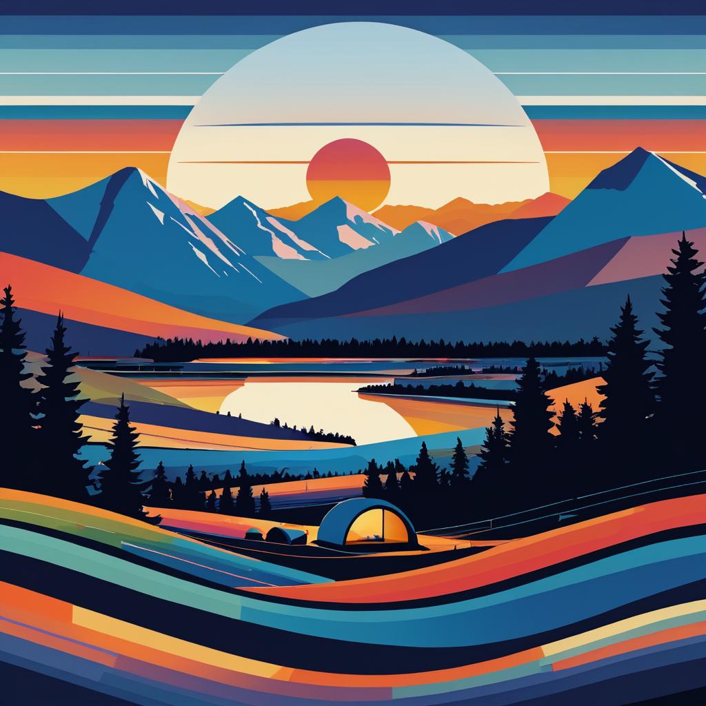 Retro Campers in Panoramic Sunset Landscape