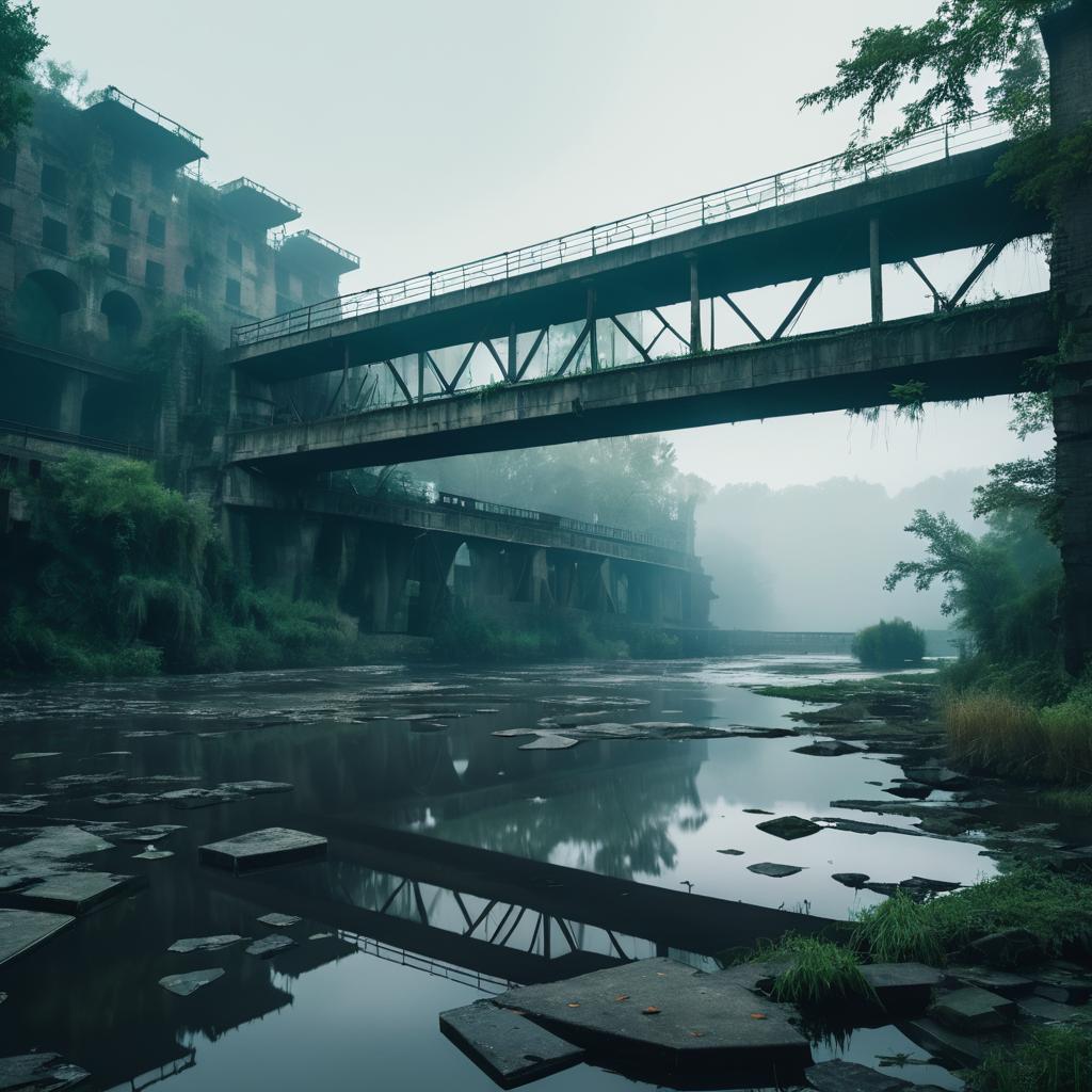 Epic Crumbling Bridge Over Foggy River