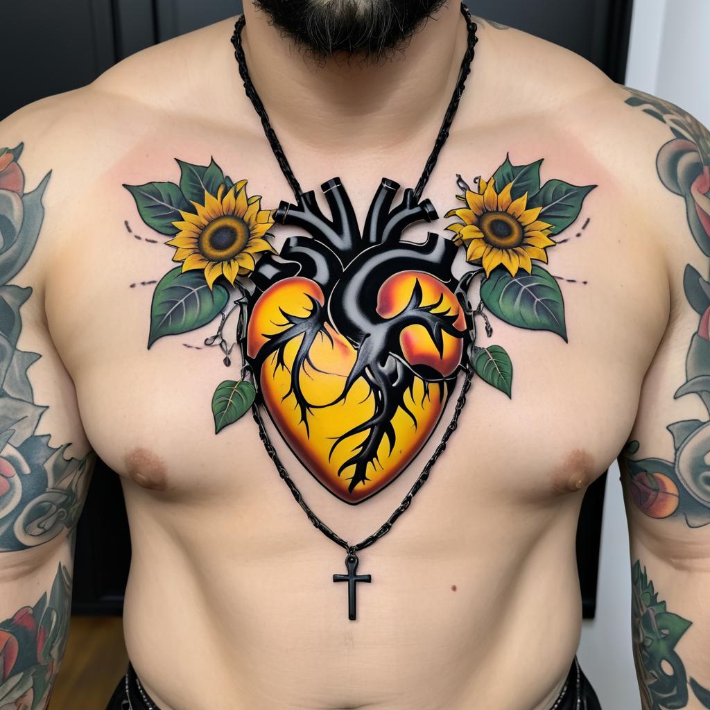 Anatomical Heart Tattoo with Sunflowers