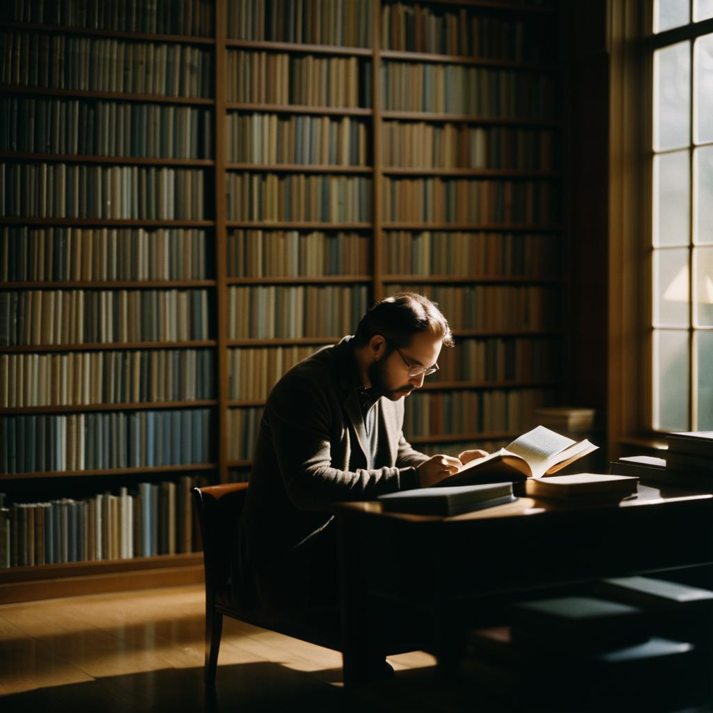 Cinematic Poet in Tranquil Library Scene