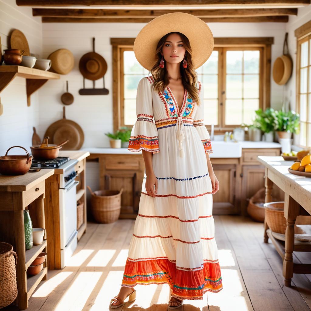 Boho Maxi Dress in Sunlit Kitchen