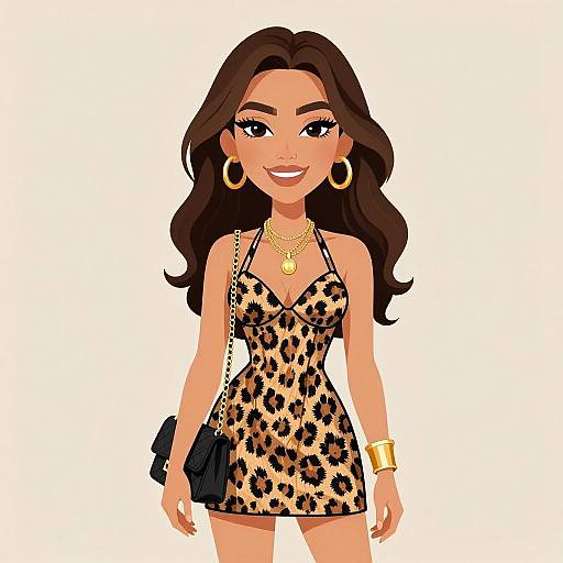 Digital illustration of a smiling woman with long brown hair, wearing a leopard-print dress, gold hoop earrings, necklace, bracelet, and black crossbody bag