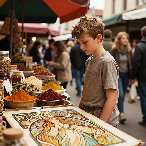 Photograph of a young boy with tousled brown hair, wearing a gray shirt, standing at a colorful spice market stall, surrounded by vibrant spices and