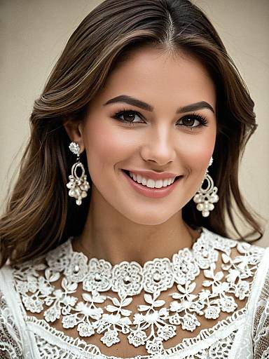 Smiling Woman in Lace Dress with Jewelry