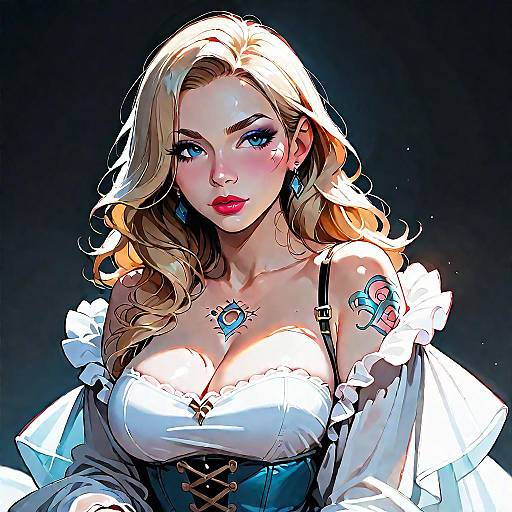 Blonde Woman in Denim Corset with Tattoos