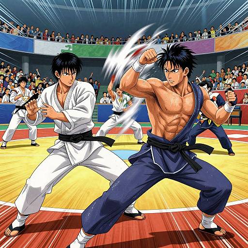 Anime-style digital artwork of two male martial artists in a tournament arena; one in white gi, other in blue gi, mid-fight, with energy