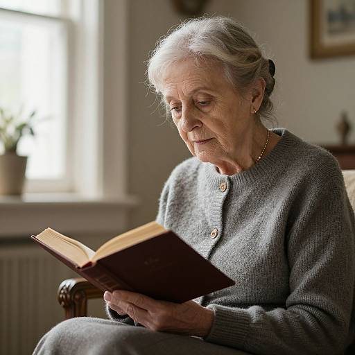 Photograph of an elderly woman with white hair in a gray cardigan, reading a book in a sunlit, cozy room.