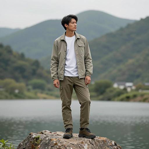 Man Standing on Rock by Mountain Lake