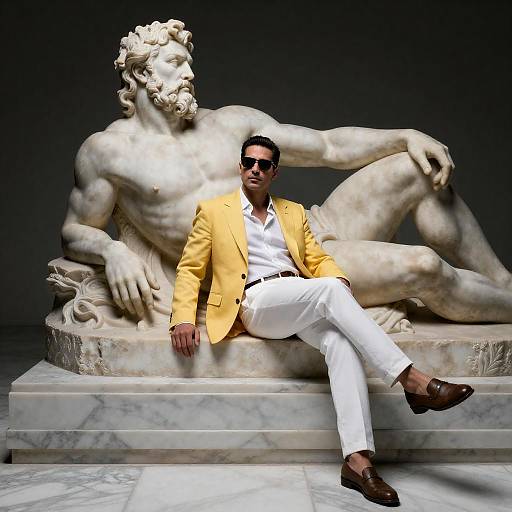 Stylish Man Amidst Majestic Marble Statue