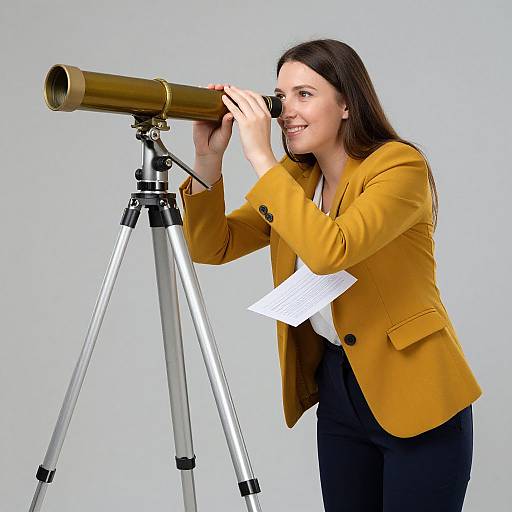 Photograph of a smiling young woman with long brown hair, wearing a mustard yellow blazer and black pants, using a brass telescope on a silver tripod