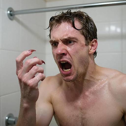 Man Screaming Holding Monstrous Claw Hand in Shower