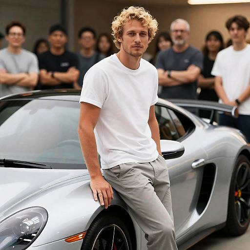Blonde Man and Silver Sports Car