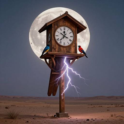 Photograph of a wooden birdhouse clock with two colorful birds, a bright full moon, and a bolt of lightning against a desert night sky.