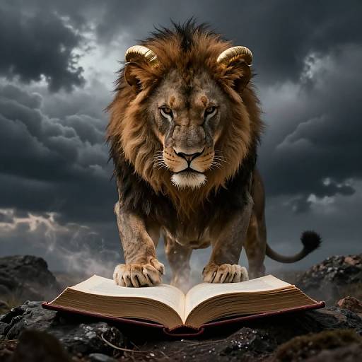 Photorealistic digital artwork of a majestic lion with golden horns standing on rocky terrain, intently reading an open book under a stormy, cloudy sky