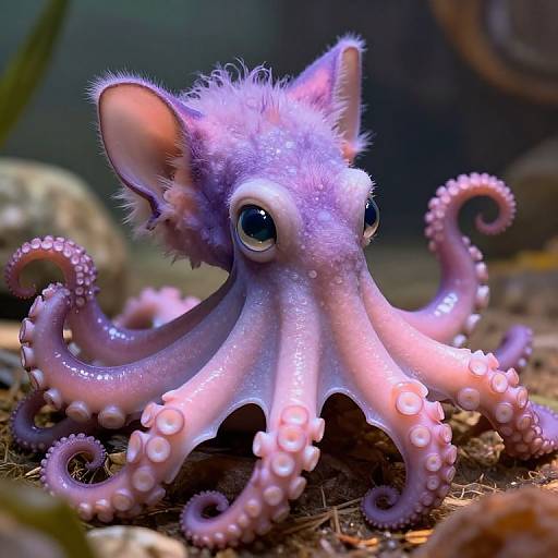 Photorealistic CGI of a cute, purple, furry octopus with large, expressive eyes and pink-tipped tentacles, set against a blurry aquarium