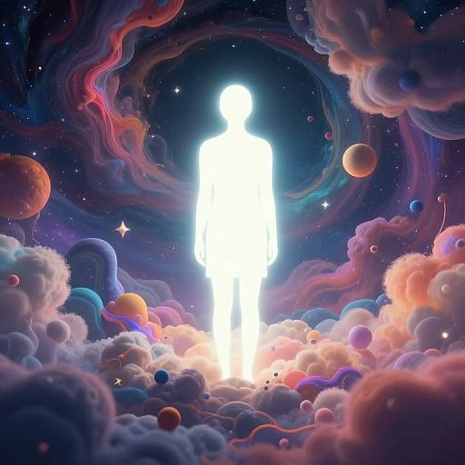 Digital art: Bright, glowing, white silhouette figure standing in vibrant, colorful cosmic scene with swirling clouds, planets, and stars.
