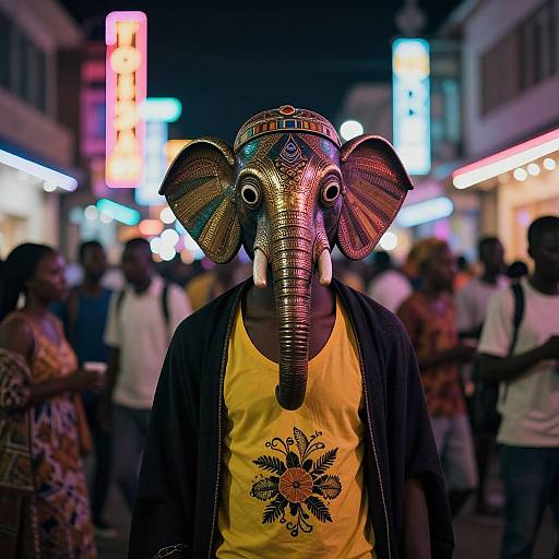 Photograph of a person in a vibrant, metallic elephant mask with colorful feathers, yellow shirt, and black jacket, standing in a neon-lit,
