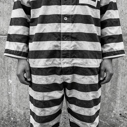 Black-and-white photograph of a person in a striped prison jumpsuit, standing against a textured concrete wall, hands at sides.